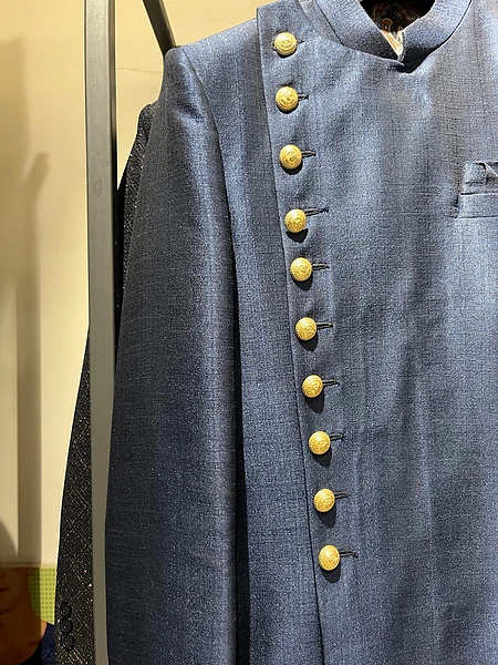 Image of NAVY-BLUE CROSS BUTTON SHERWANI - 2