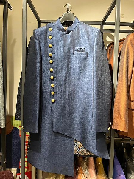 Image of NAVY-BLUE CROSS BUTTON SHERWANI - 4