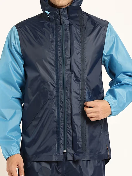 Image of Men Navy Blue Polyester Colorblock Rain Jacket with Pant - 3