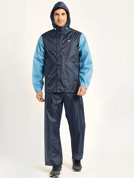 Image of Men Navy Blue Polyester Colorblock Rain Jacket with Pant - 1