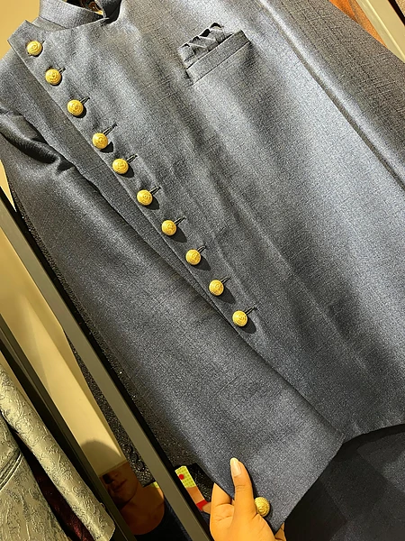 Image of NAVY-BLUE CROSS BUTTON SHERWANI - 3