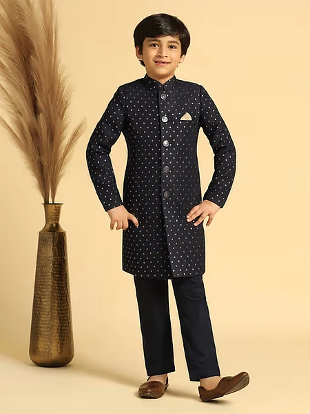 Boys Navy Blue Embroidered Indowestern Sherwani