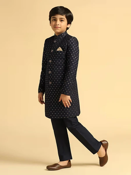Image of Boys Navy Blue Embroidered Indowestern Sherwani - 2