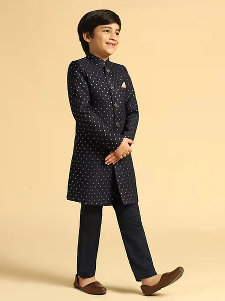Image of Boys Navy Blue Embroidered Indowestern Sherwani - 4