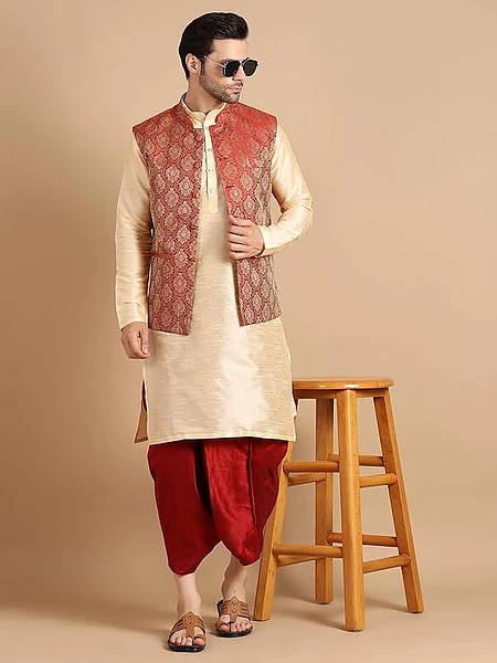 Image of Mens Kurta Dhoti Set with Designer Ethnic Nehru Jacket - 1
