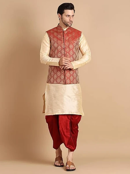 Image of Mens Kurta Dhoti Set with Designer Ethnic Nehru Jacket - 2