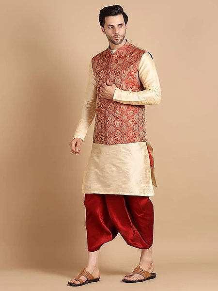 Image of Mens Kurta Dhoti Set with Designer Ethnic Nehru Jacket - 3