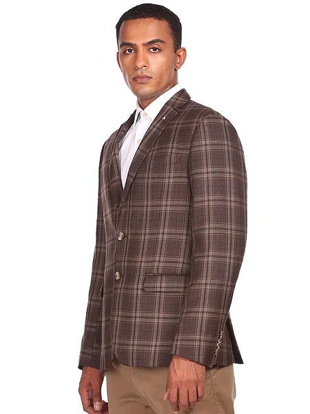 Brown Single Breasted Classic Checked Casual Blazer