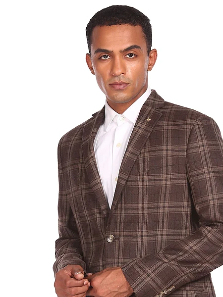 Image of Brown Single Breasted Classic Checked Casual Blazer - 2