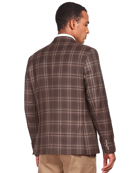 Image of Brown Single Breasted Classic Checked Casual Blazer - 3