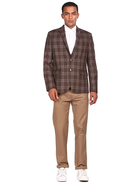 Image of Brown Single Breasted Classic Checked Casual Blazer - 5