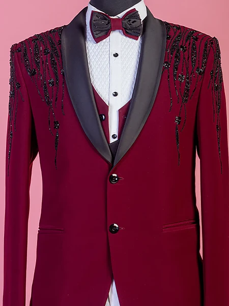 Maroon Embroidered Tuxedo Suit