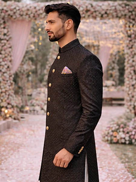 Image of NAVY-BLUE CROSS BUTTON SHERWANI - 2