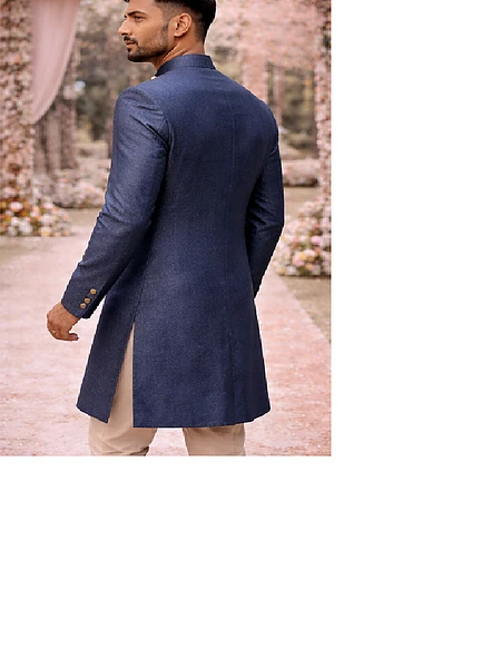 Image of NAVY-BLUE CROSS BUTTON SHERWANI - 3