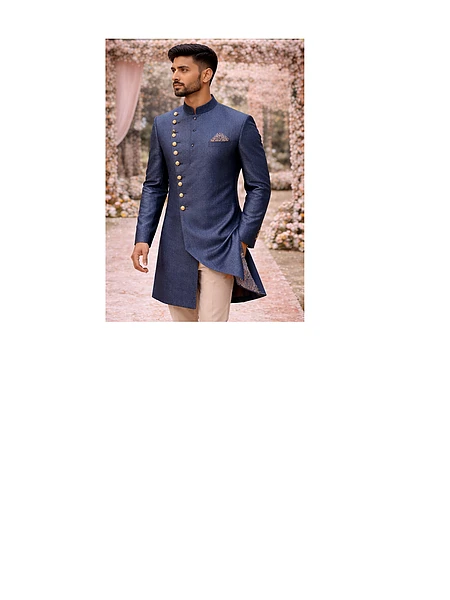 Image of NAVY-BLUE CROSS BUTTON SHERWANI - 5