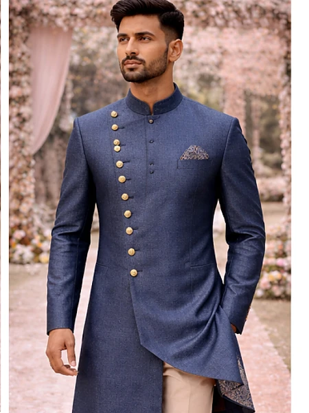 NAVY-BLUE CROSS BUTTON SHERWANI