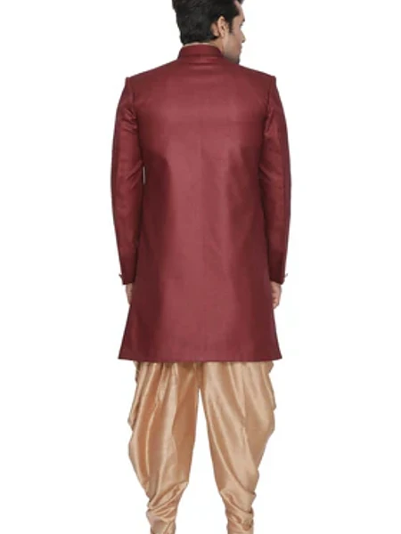 Image of Men's Maroon Jute Cotton Blend Sherwani Set - 2