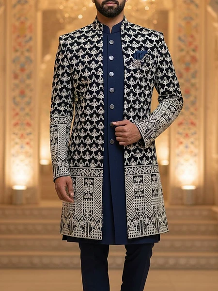 NAVY BLUE AARI WORK SHERWANI