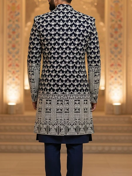 Image of NAVY BLUE AARI WORK SHERWANI - 3