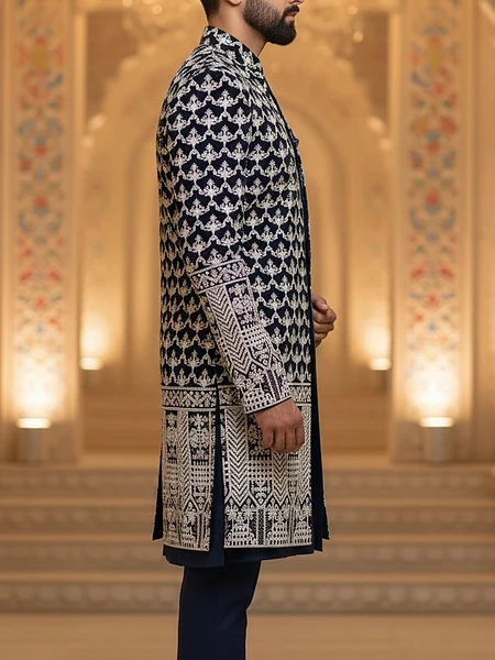 Image of NAVY BLUE AARI WORK SHERWANI - 2
