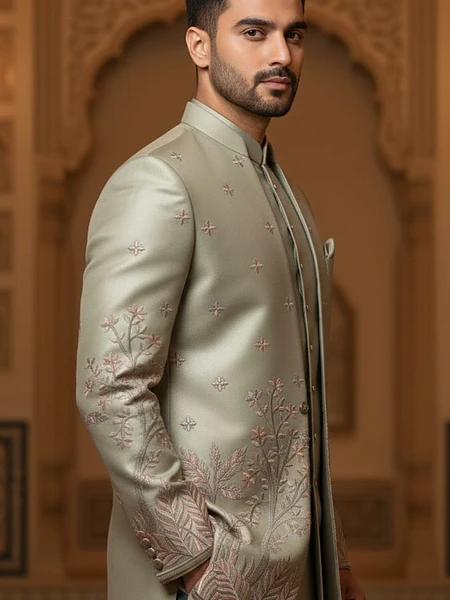 Image of LIGHT-GREEN SHERWANI - 3