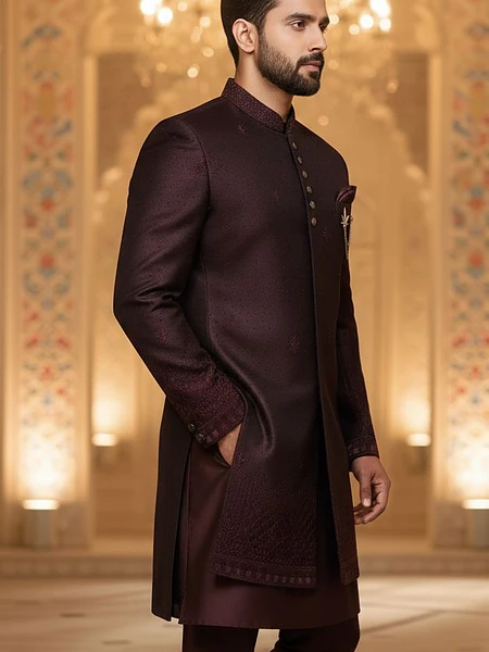 Image of Maroon Sherwani For Mens - 3