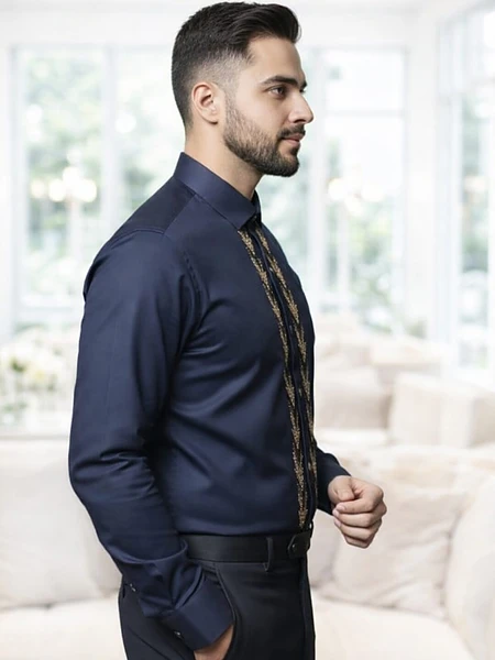 Image of Navy Blue Embroidered Shirt - 3