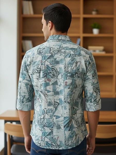 Image of Men’s Teal Abstract Print Button-Down Shirt - 2