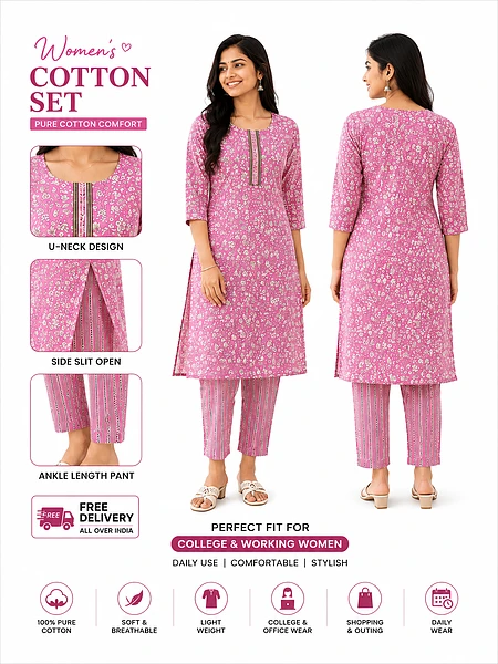 Image of Pure Cotton Printed Cotton Set  Light Pink - 2