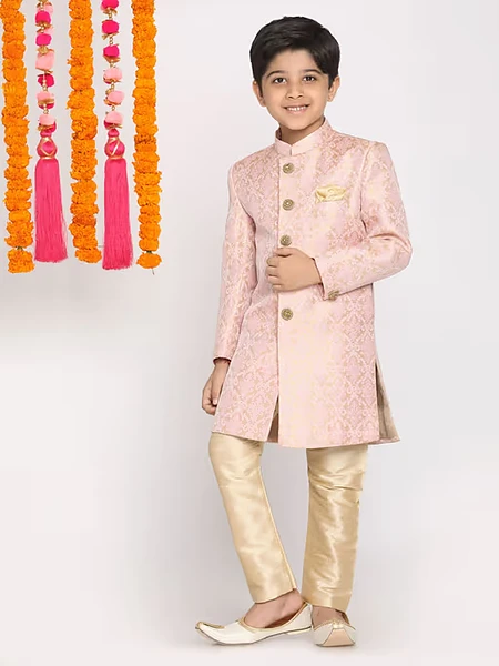Image of Boys Pink & Gold Sherwani & Pyjama (Set of 2) - 1