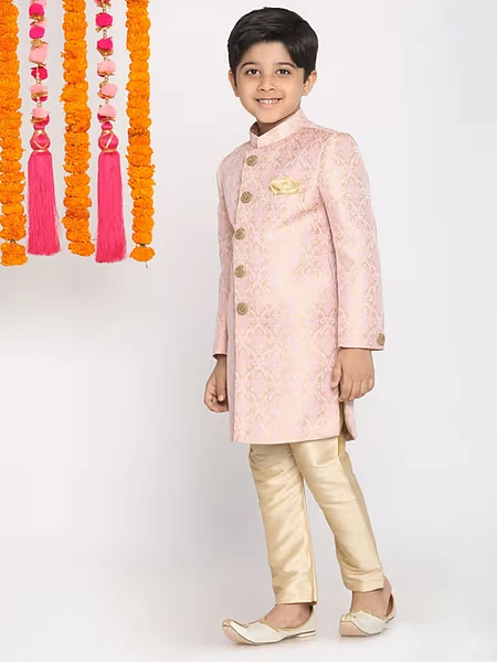 Image of Boys Pink & Gold Sherwani & Pyjama (Set of 2) - 2