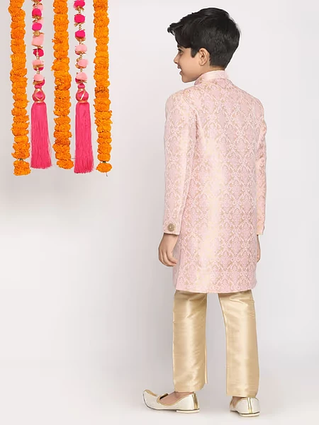 Image of Boys Pink & Gold Sherwani & Pyjama (Set of 2) - 3