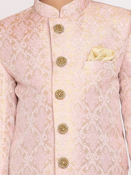 Image of Boys Pink & Gold Sherwani & Pyjama (Set of 2) - 4