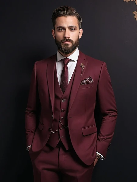 Image of Burgundy Slim Fit 3-Piece Suit for Men - 2