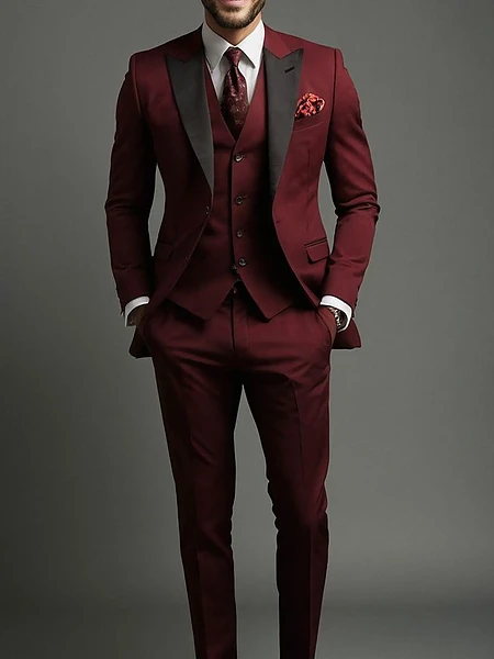 Men's Maroon Tuxedo Suit: Tailored Fit Wedding Groom Attire