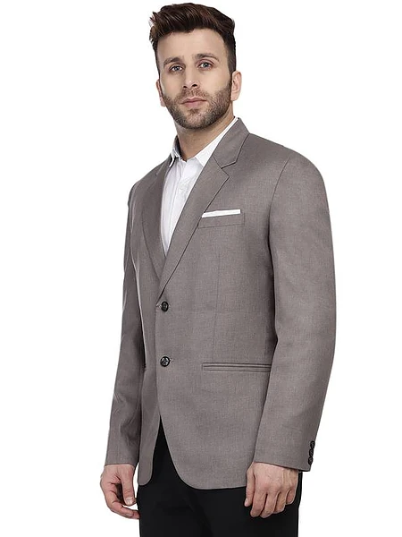 Image of Grey plain cotton poly blazer for men - 2