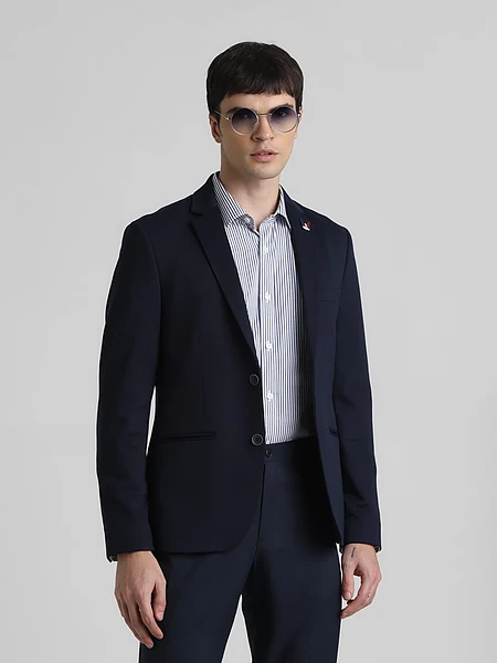 Image of Dark Blue Double Button Formal Blazer - 1