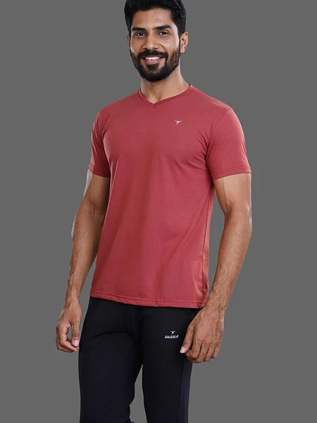 Image of V Neck T-Shirt - Brick Red - 4
